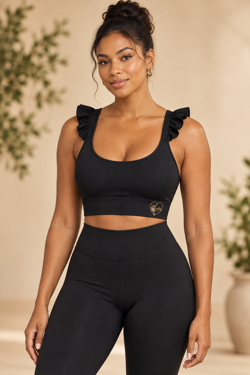 Luvha Ruffle Yoga Tank in Black on model