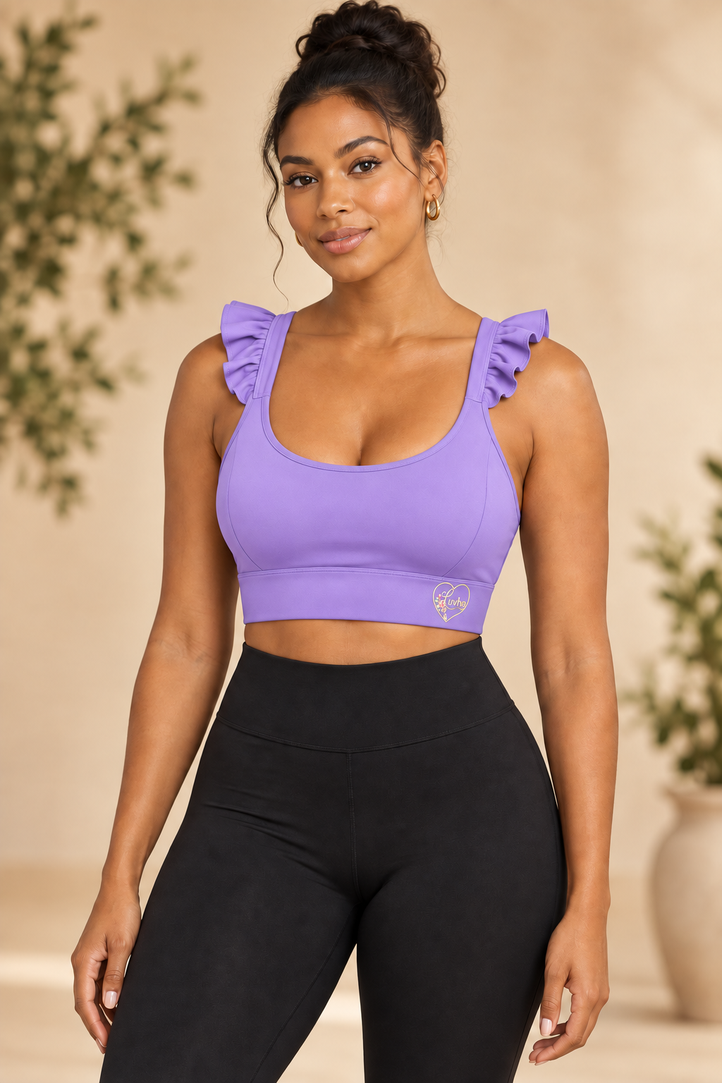 Luvha Ruffle Yoga Tank in Purple on model