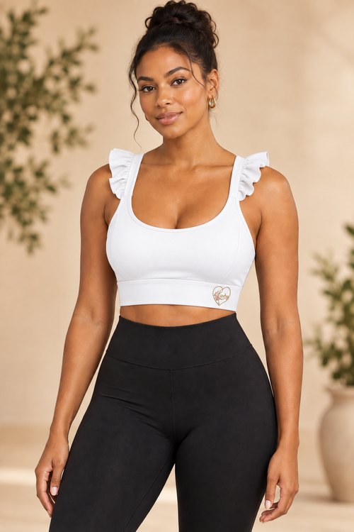 Luvha Ruffle Yoga Tank in White on model
